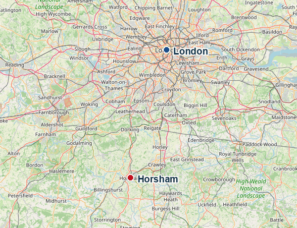 Map showing Horsham about 30 miles south of London