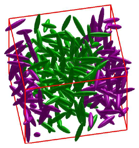 A binary system of Lennard-Jones anisotropic molecules self-organising into an ordered phase
